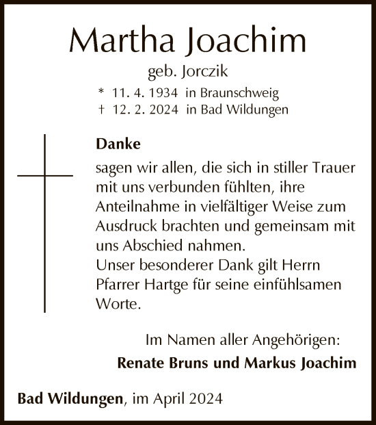Traueranzeige von Martha Joachim von WLZ