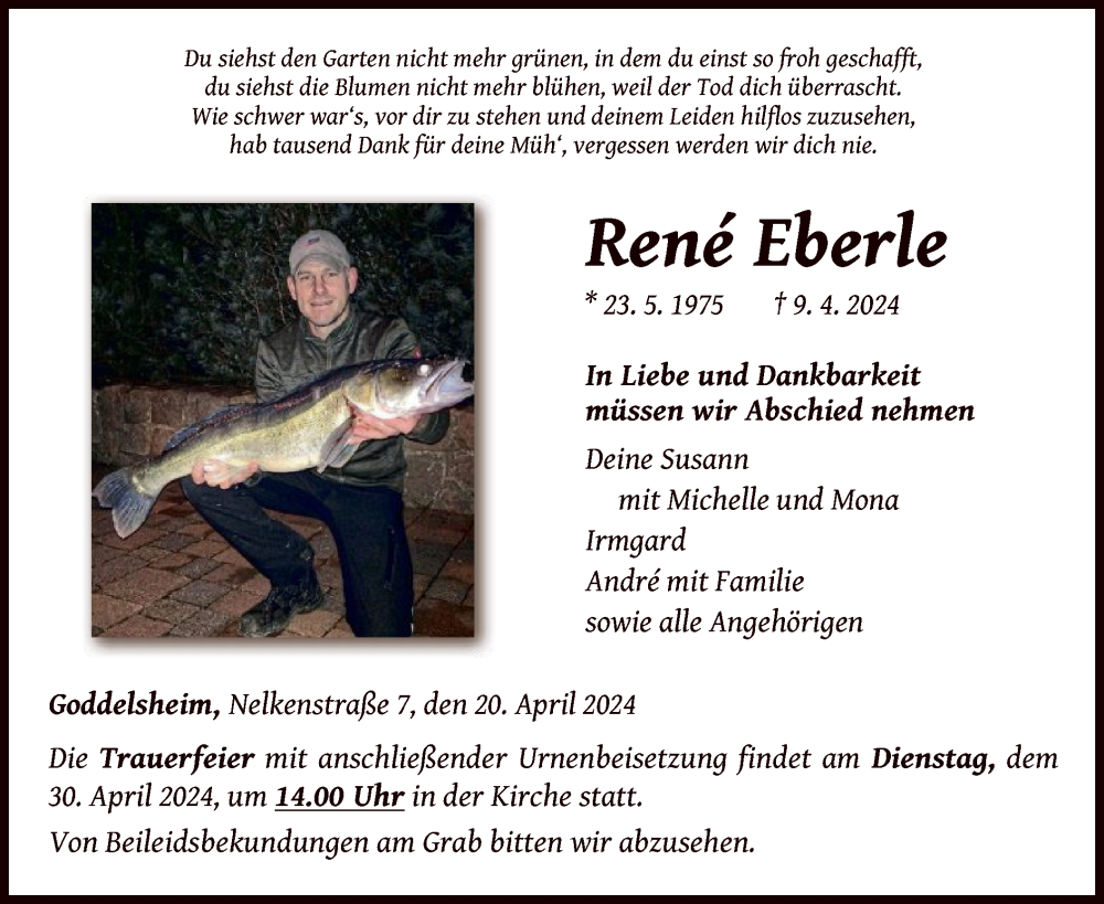  Traueranzeige für René Eberle vom 20.04.2024 aus WLZ