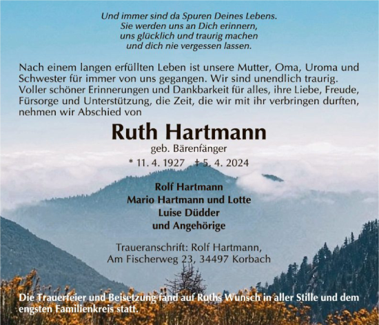 Traueranzeige von Ruth Hartmann von WLZ