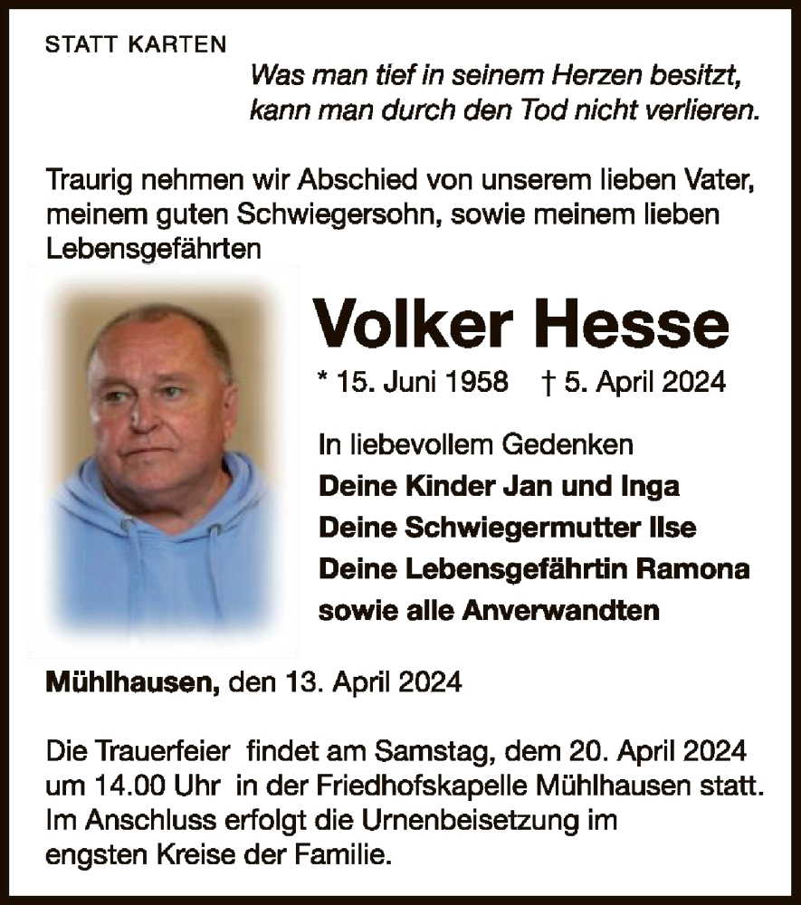  Traueranzeige für Volker Hesse vom 13.04.2024 aus WLZ