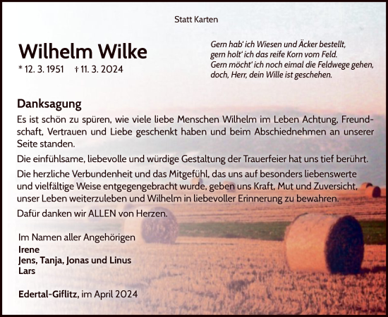 Traueranzeige von Wilhelm Wilke von WLZ