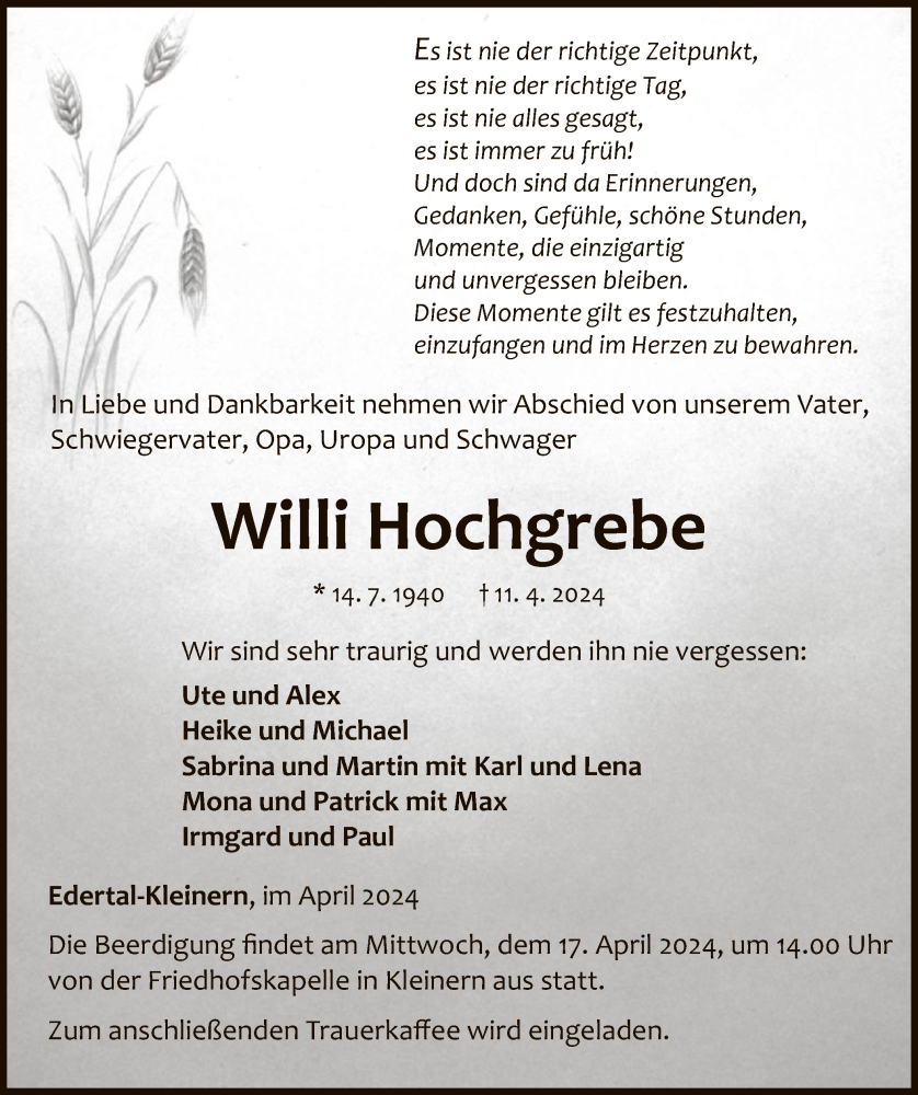  Traueranzeige für Willi Hochgrebe vom 13.04.2024 aus WLZ