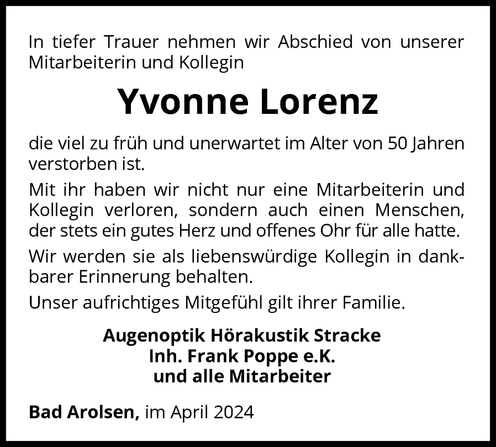  Traueranzeige für Yvonne Lorenz vom 11.04.2024 aus WLZ