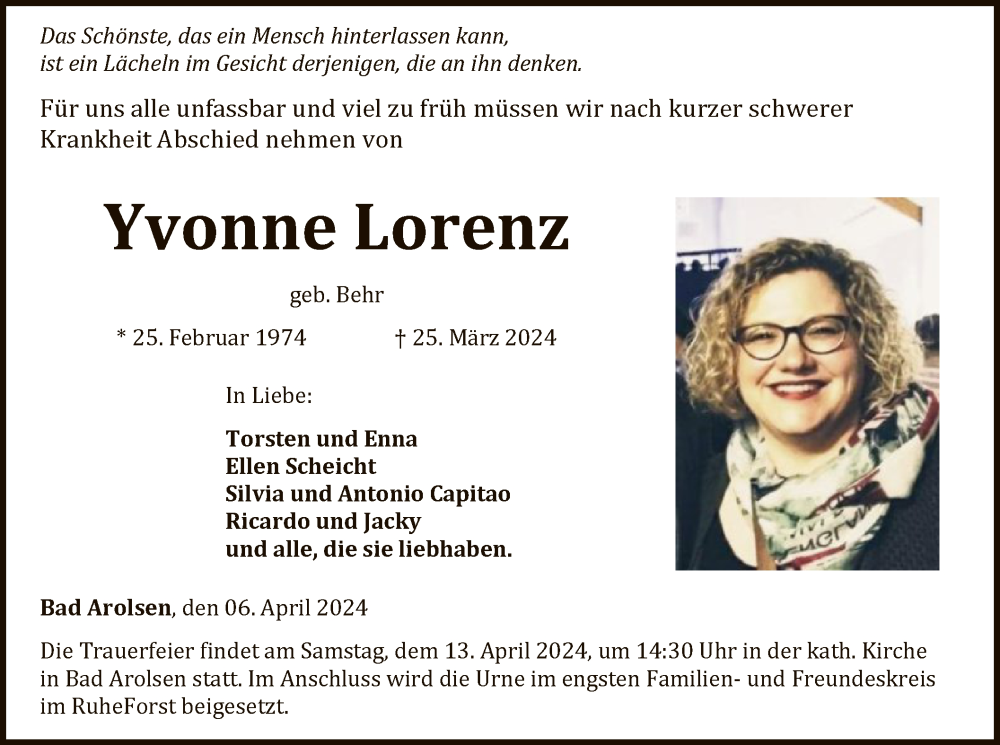  Traueranzeige für Yvonne Lorenz vom 06.04.2024 aus WLZ