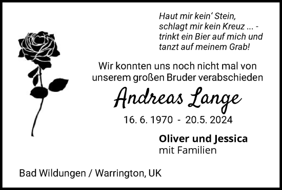 Traueranzeige von Andreas Lange von WLZ