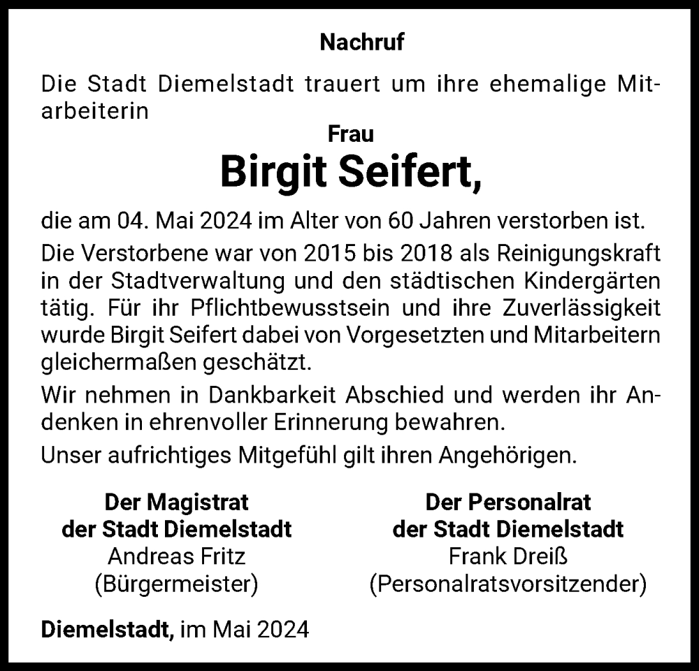  Traueranzeige für Birgit Seifert vom 18.05.2024 aus WLZ