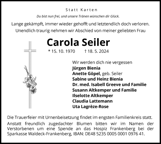 Traueranzeige von Carola Seiler von WLZ