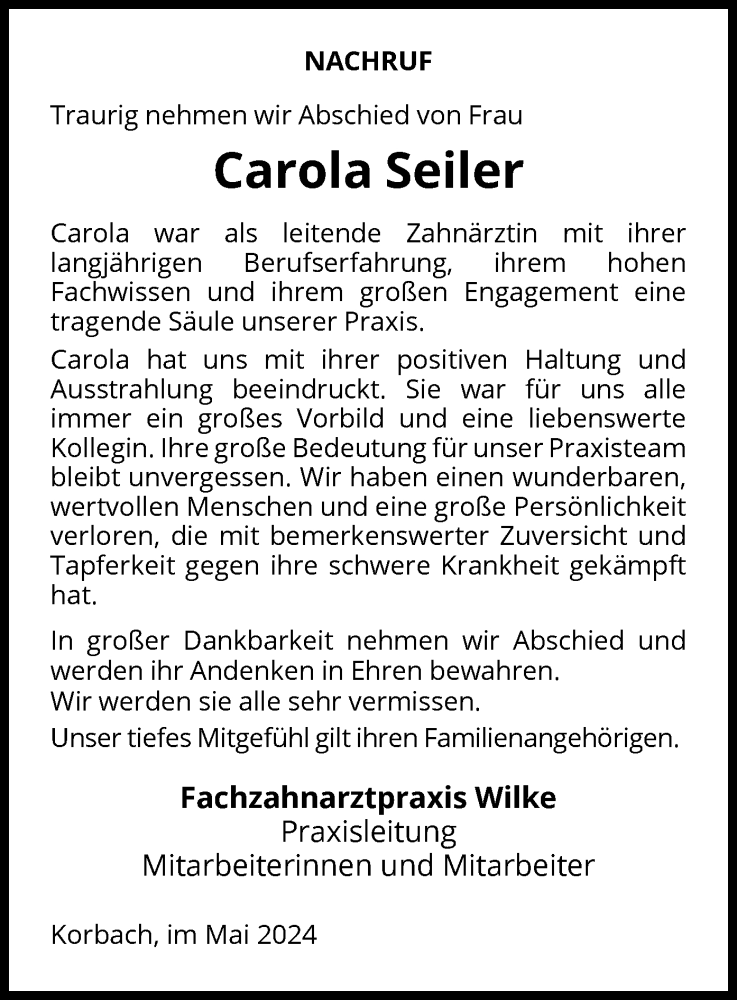  Traueranzeige für Carola Seiler vom 29.05.2024 aus WLZ