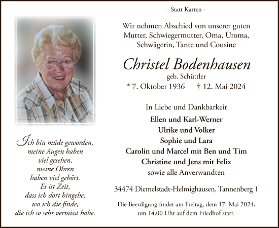 Traueranzeige von Christel Bodenhausen von WLZ