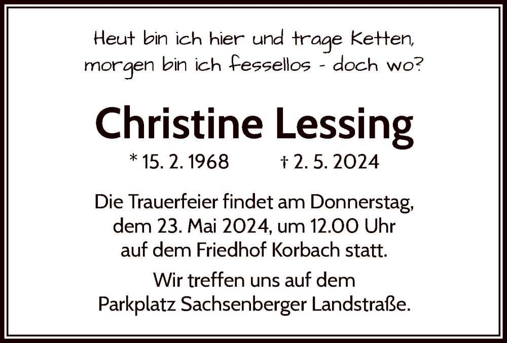  Traueranzeige für Christine Lessing vom 18.05.2024 aus WLZ