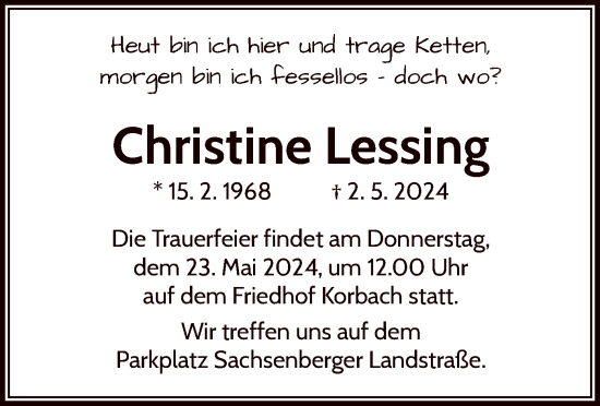 Traueranzeige von Christine Lessing von WLZ