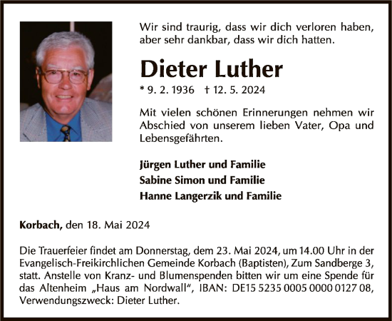 Traueranzeige von Dieter Luther von WLZ