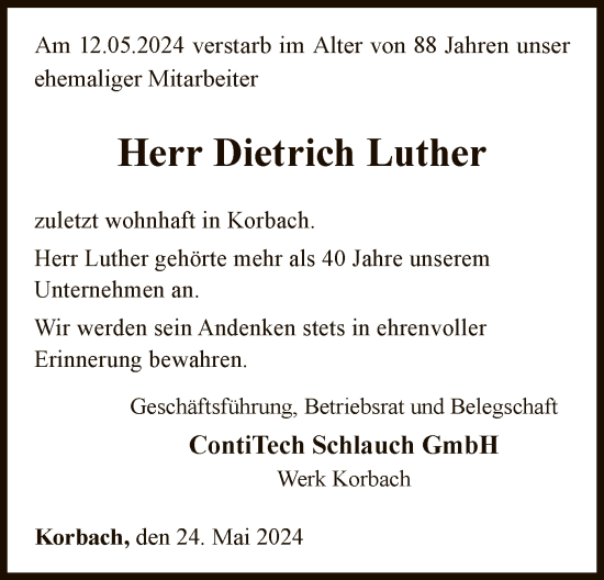 Traueranzeige von Dietrich Luther von WLZ