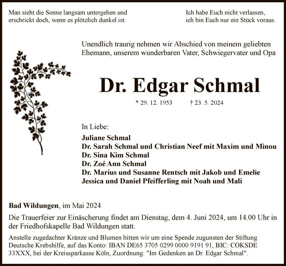  Traueranzeige für Edgar Schmal vom 29.05.2024 aus WLZ