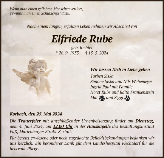 Traueranzeige von Elfriede Rube von WLZ