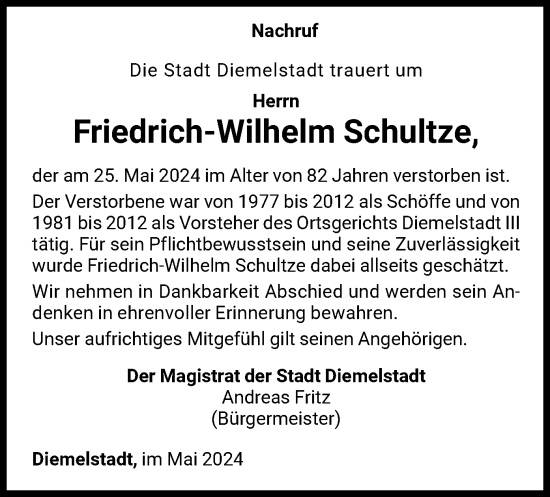 Traueranzeige von Friedrich-Wilhelm Schultze von WLZ