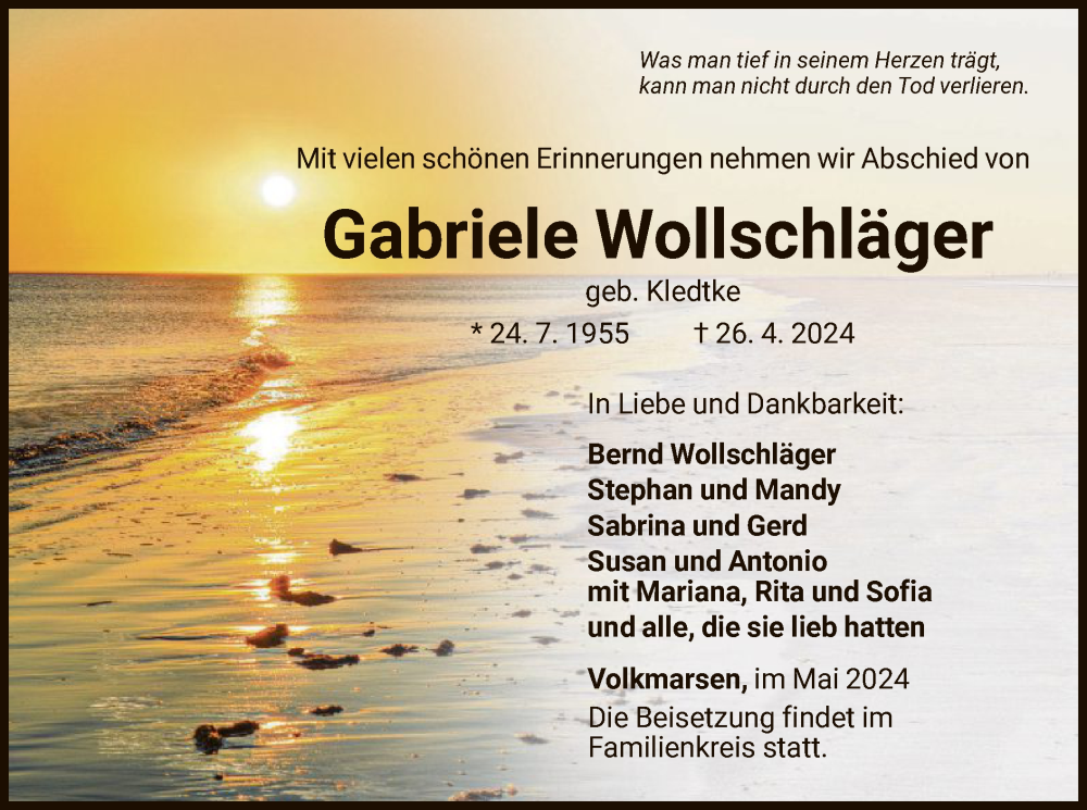  Traueranzeige für Gabriele Wollschläger vom 04.05.2024 aus WLZ