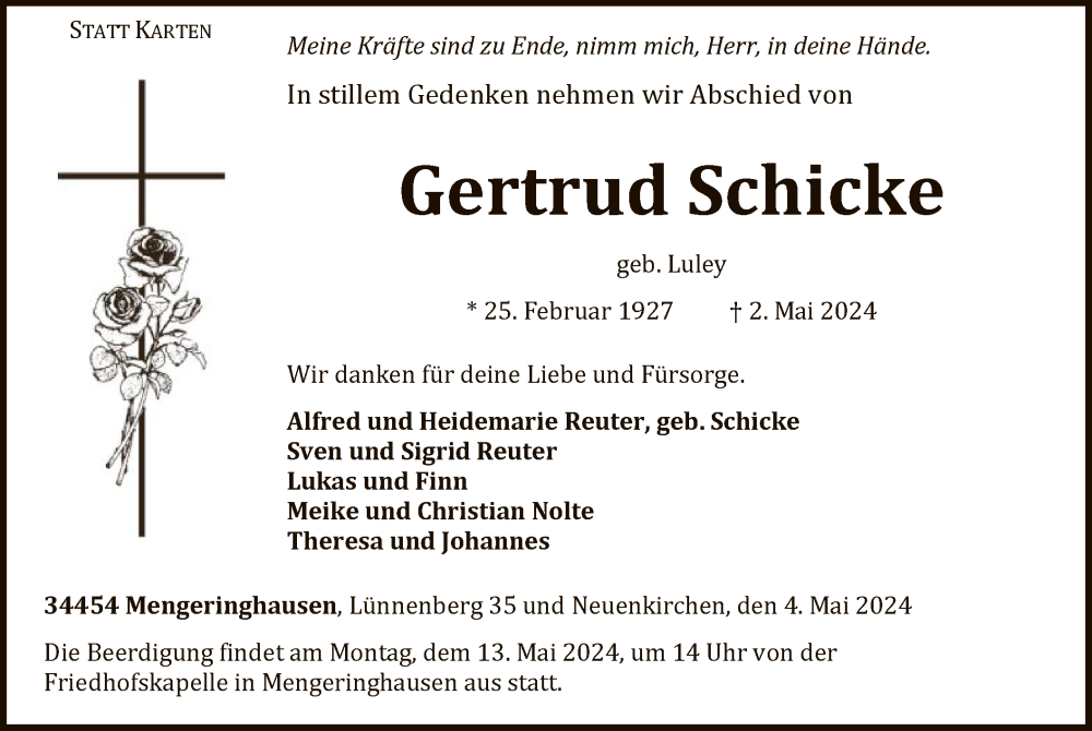  Traueranzeige für Gertrud Schicke vom 04.05.2024 aus WLZ