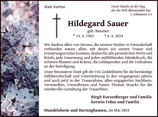 Traueranzeige von Hildegard Sauer von WLZ