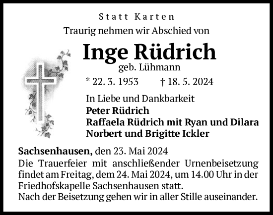 Traueranzeige von Inge Rüdrich von WLZ