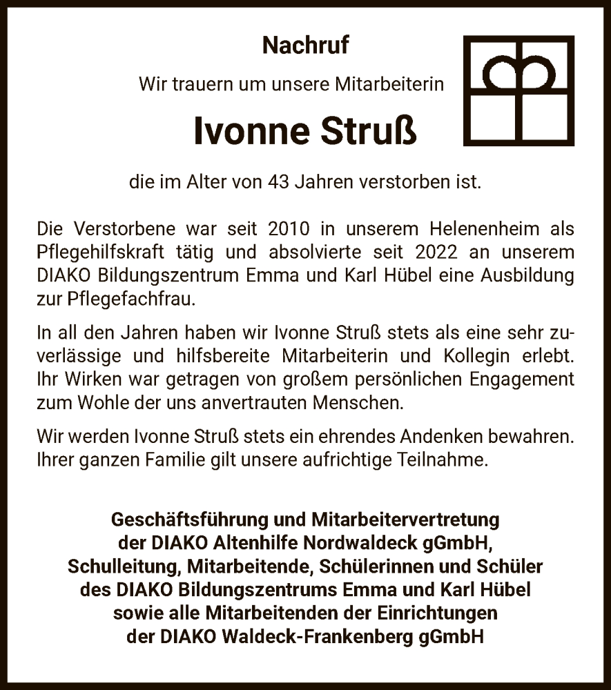 Traueranzeige für Ivonne Struß vom 18.05.2024 aus WLZ
