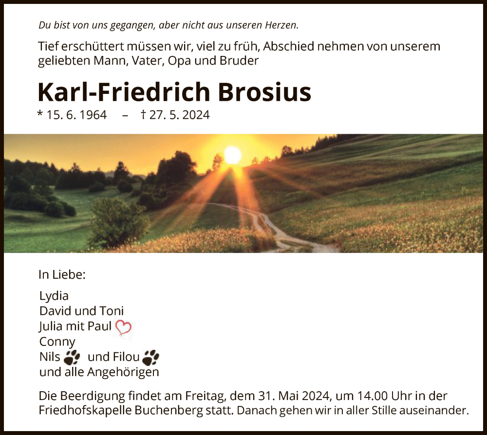  Traueranzeige für Karl-Friedrich Brosius vom 29.05.2024 aus WLZ