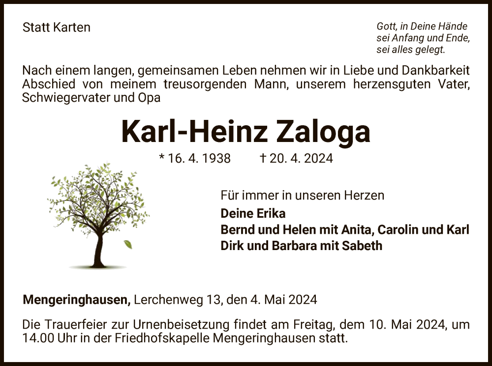  Traueranzeige für Karl-Heinz Zaloga vom 04.05.2024 aus WLZ