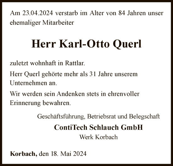 Traueranzeige von Karl-Otto Querl von WLZ