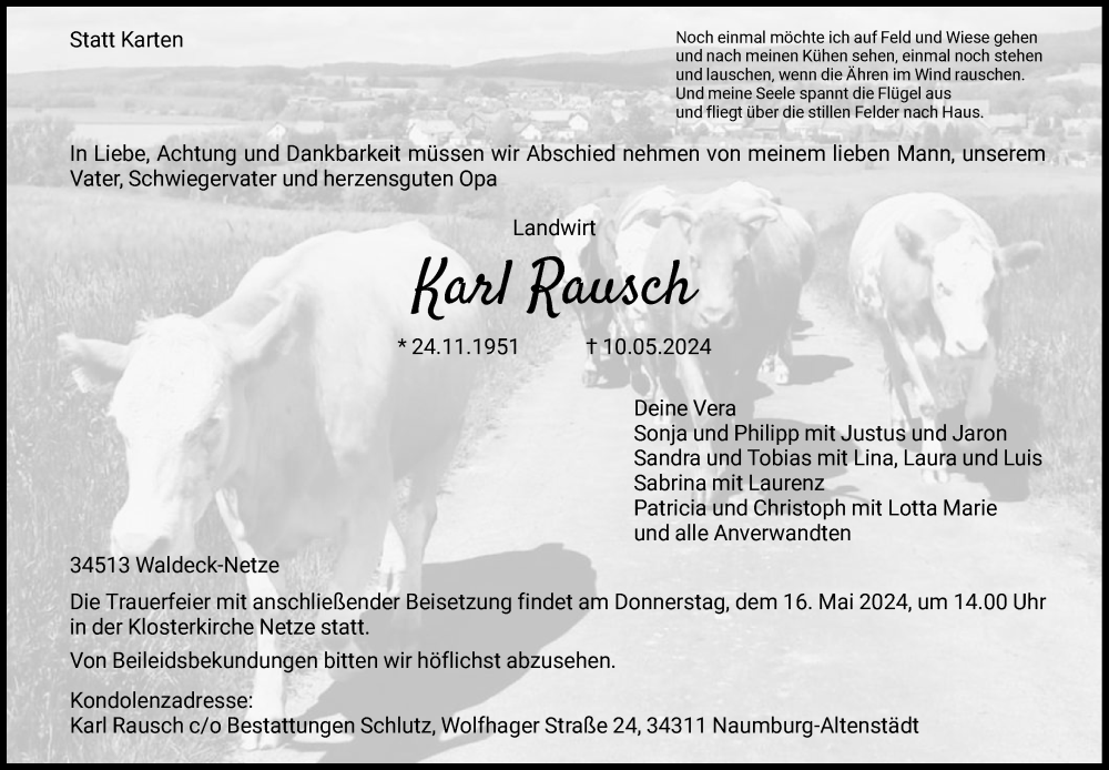  Traueranzeige für Karl Rausch vom 14.05.2024 aus WLZ