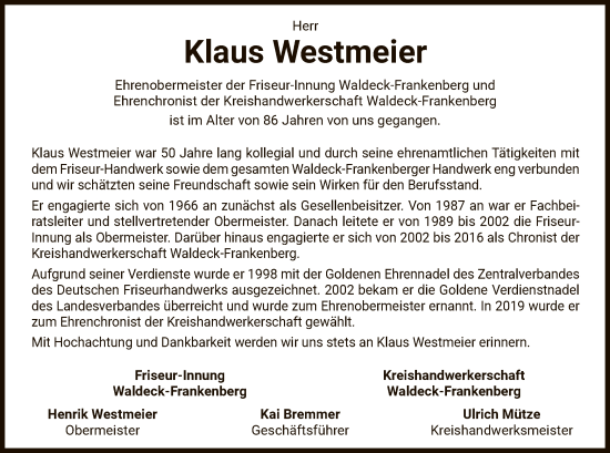 Traueranzeige von Klaus Westmeier von WLZHNA