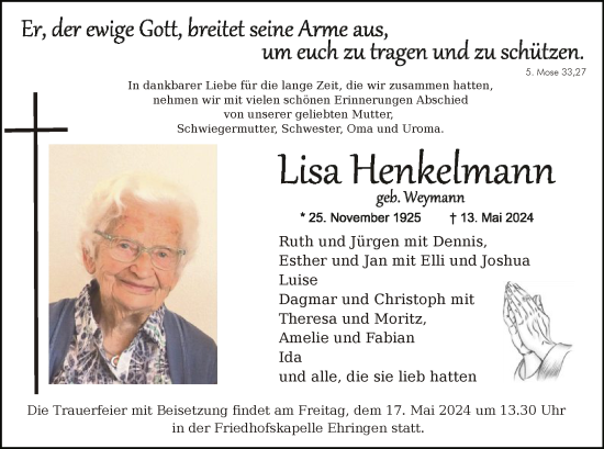 Traueranzeige von Lisa Henkelmann von WLZHNA