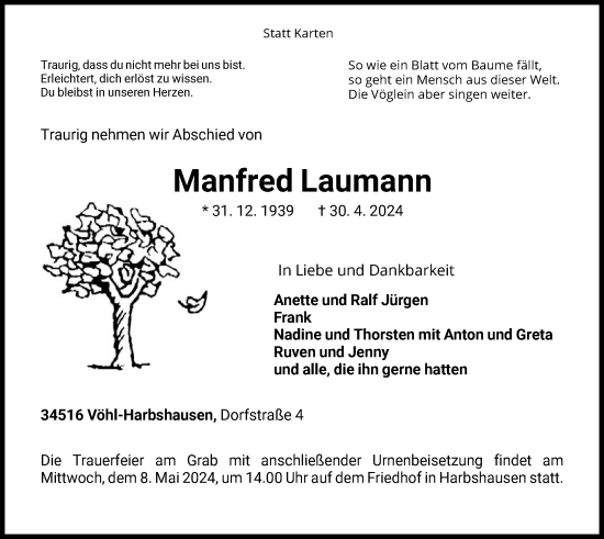 Traueranzeige von Manfred Laumann von WLZ