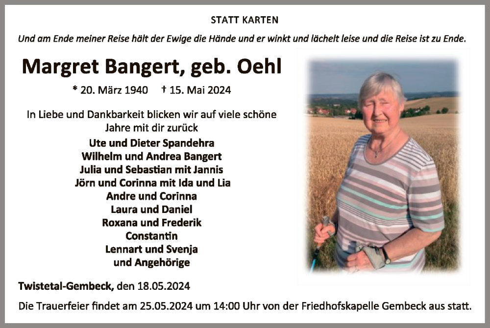  Traueranzeige für Margret Bangert vom 18.05.2024 aus WLZ