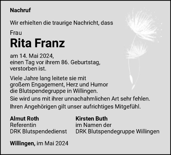 Traueranzeige von Rita Franz von WLZ