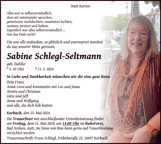 Traueranzeige von Sabine Schlegl-Seltmann von WLZ