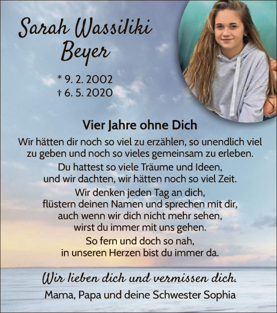 Traueranzeige von Sarah Wassiliki Beyer von WLZ