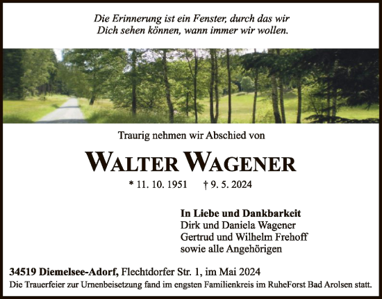 Traueranzeige von Walter Wagener von WLZ