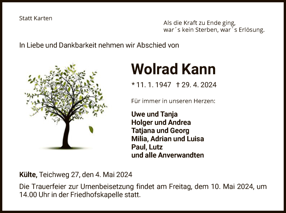  Traueranzeige für Wolrad Kann vom 04.05.2024 aus WLZ