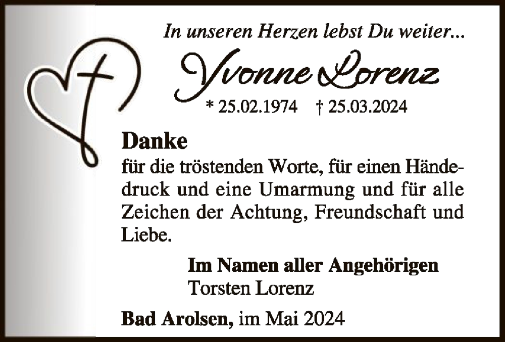  Traueranzeige für Yvonne Lorenz vom 11.05.2024 aus WLZ