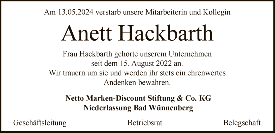 Traueranzeige von Anett Hackbarth von WLZ