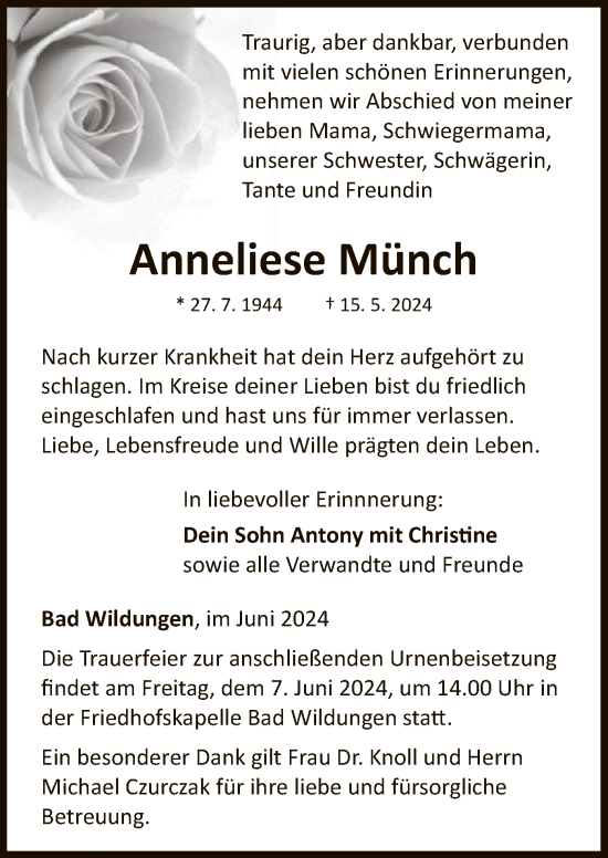 Traueranzeige von Anneliese Münch von WLZ