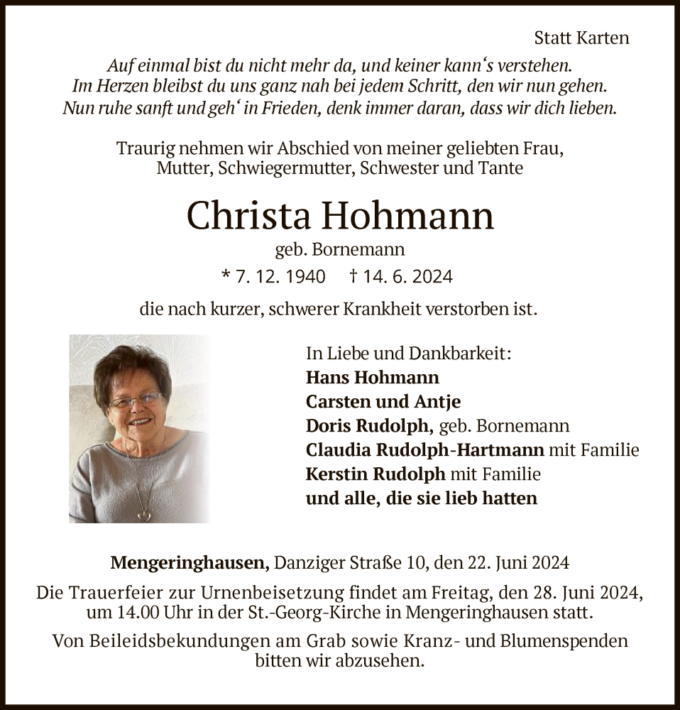  Traueranzeige für Christa Hohmann vom 22.06.2024 aus WLZ