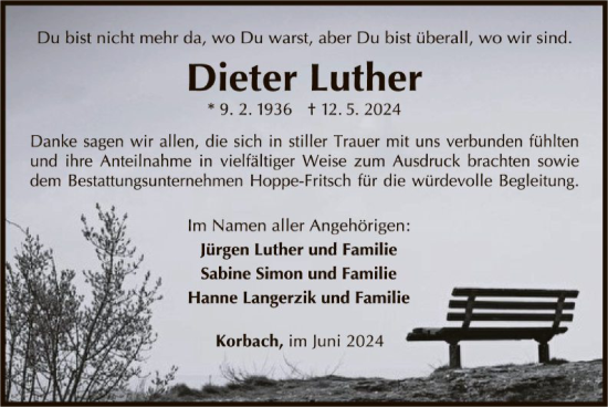 Traueranzeige von Dieter Luther von WLZ