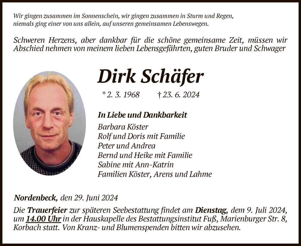  Traueranzeige für Dirk Schäfer vom 29.06.2024 aus WLZ