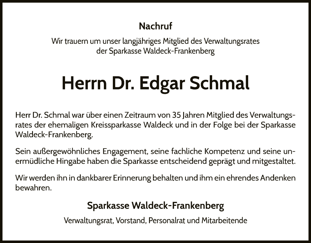  Traueranzeige für Edgar Schmal vom 01.06.2024 aus WLZHNA