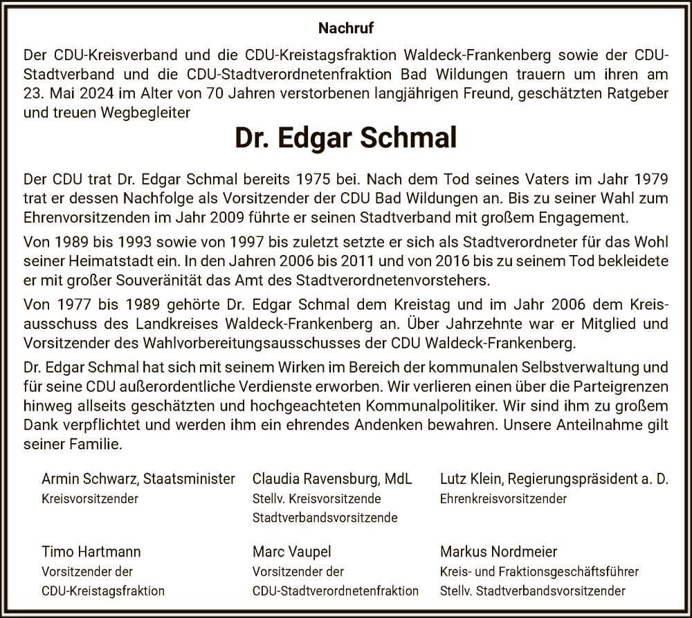  Traueranzeige für Edgar Schmal vom 01.06.2024 aus WLZHNA