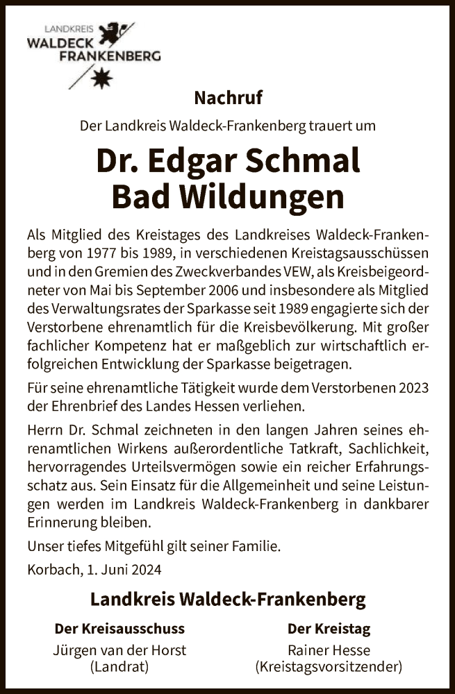  Traueranzeige für Edgar Schmal vom 01.06.2024 aus WLZHNA