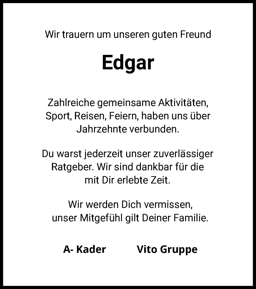  Traueranzeige für Edgar Schmal vom 01.06.2024 aus WLZ