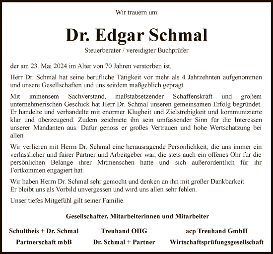 Traueranzeige von Edgar Schmal von WLZ