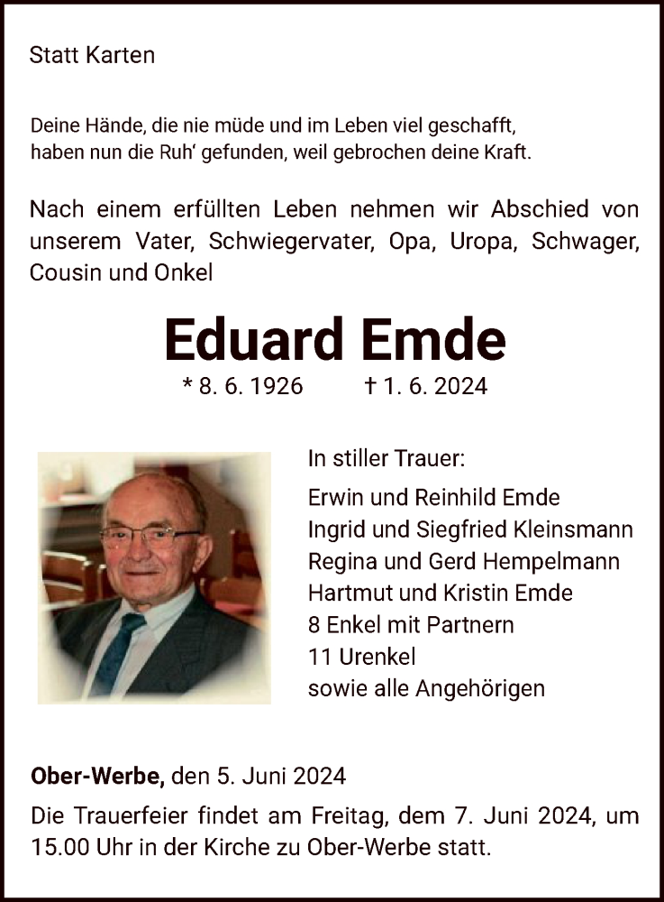  Traueranzeige für Eduard Emde vom 05.06.2024 aus WLZ